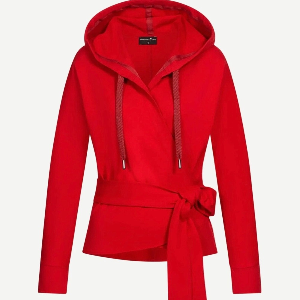 NWT Mariana Deri Red Wrap Hoodie Sz S Luxury Athletic Belted Jersey Drawstring